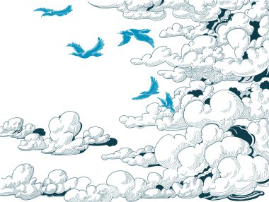 Uçuş, gökyüzü arka plan, bulutlar ve Mavi kuşlar doodle vektör 