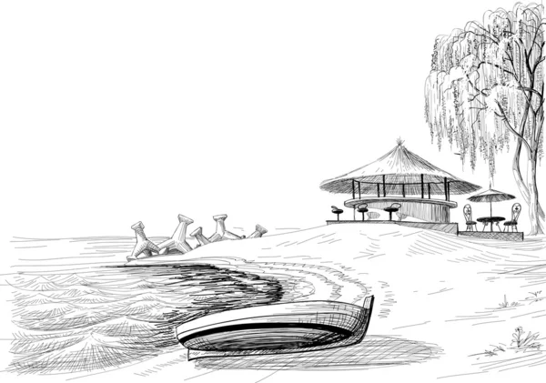 Παραλία μπαρ σκίτσο βάρκα από την ακτή διάνυσμα — Διανυσματικό Αρχείο