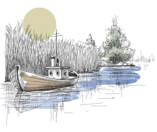 Boot auf dem See, Flussvektor — Stockvektor