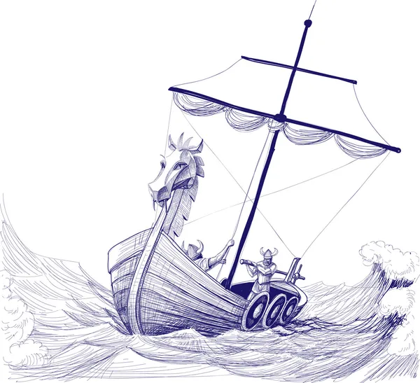 Long boat drakkar pencil drawing — Stock Vector