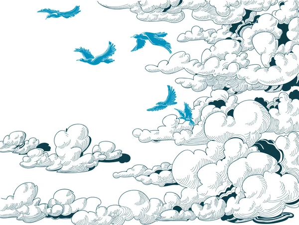 Cielo fondo, nubes y pájaros azules volando, doodle vector — Vector de stock