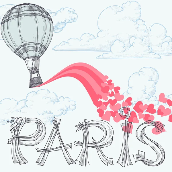 Paris, Stadt der Liebe, Heißluftballon, rosa Herzen — Stockvektor
