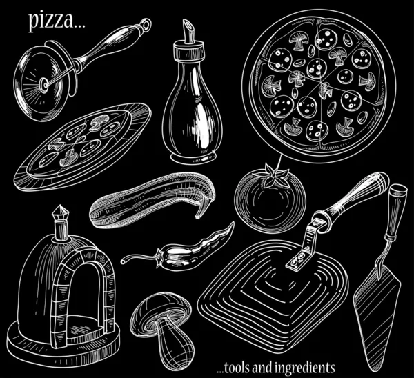 Pizza araçları ve malzemeleri seti — Stok Vektör
