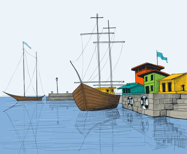 Bateaux de pêche dans l'illustration du port — Image vectorielle