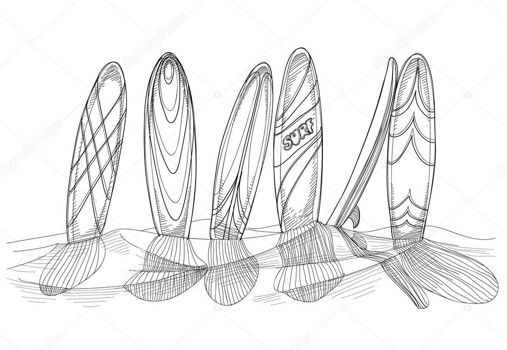 How to draw a surfboard in the sand Surfboards in sand sketch — Stock