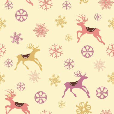 Noel deseni, renkli ren geyikleri ve kar taneleri.