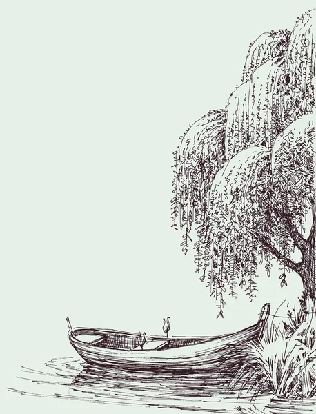 Лодка Озере Якоре Возле Ивы — стоковый вектор