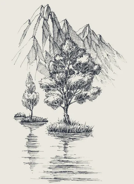 Lac Dans Les Montagnes Reflets Arbres Dans Eau Dessin Carbone — Image vectorielle