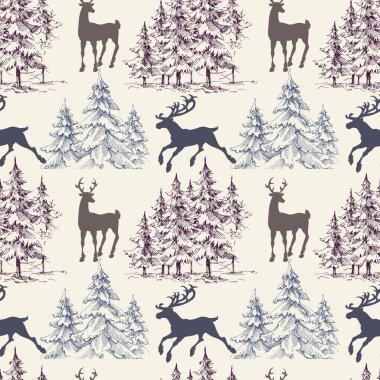 Noel ağaçları ve geyikler pürüzsüz desen, çam ağaçları orman tasarımı