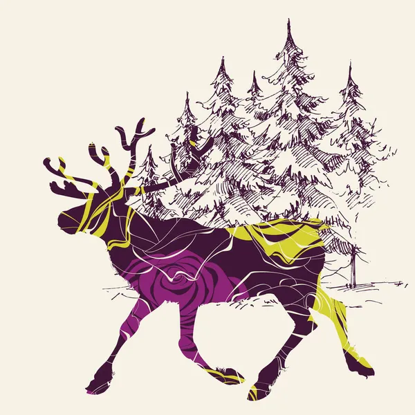 Carte Vœux Forêt Cerfs Pins Noël — Image vectorielle