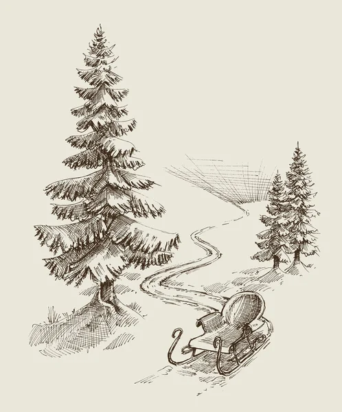 Sanie Świętego Mikołaja Sosny Las Zimowy Krajobraz — Wektor stockowy