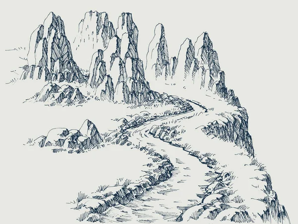 Hiking Road Mountains Alpine Rocky Landscape Mountain Ranges Hand Drawing Royalty Free Stock Vectors