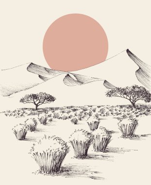 Desert sand dunes landscape, hand drawing
