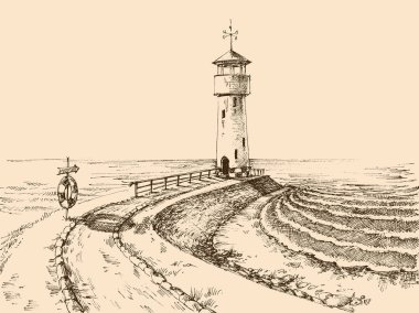 Lighthouse and the sea vector hand drawing