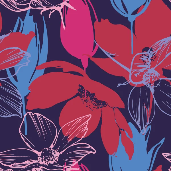 Tulipanes Flores Tallos Patrón Sin Costuras Fondo Flores Rojas Azules — Vector de stock