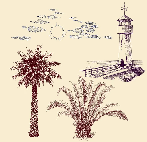 Graphic Design Elements Set Lighthouse Palm Trees Sun Clouds — Stock Vector