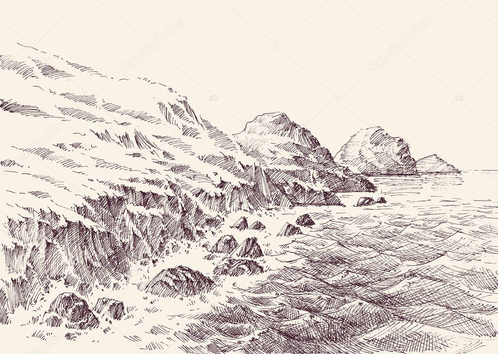 Rocky shore of the sea, waves breaking on shore hand drawing