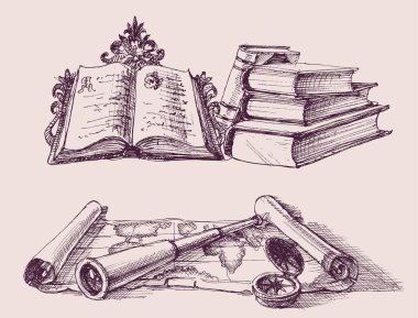 Coğrafya nesneleri ve keşif çizimleri üzerinde çalış. Kitap yığını, eski harita, pusula ve dürbün