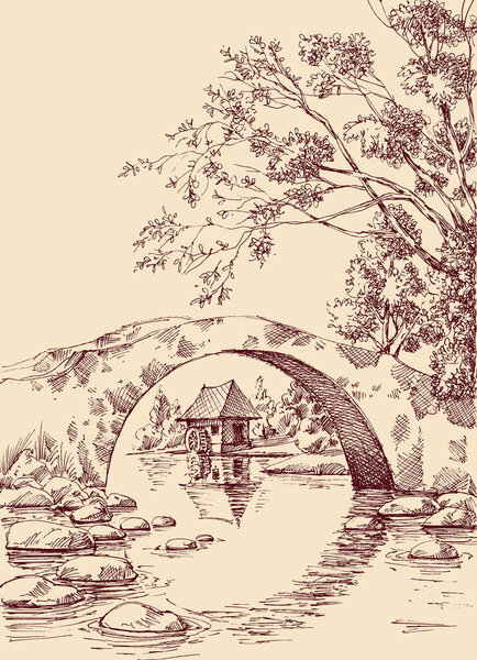 Каменный мост через речной пейзаж и рисование вручную водяной мельницы
