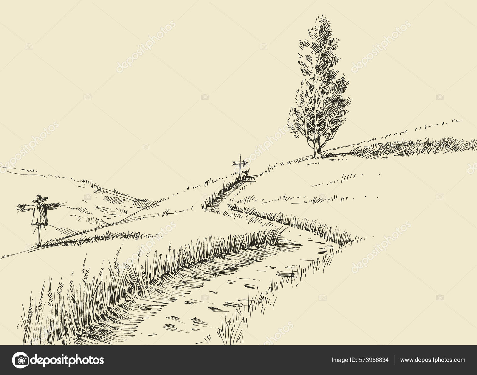 Fugleskremsel Feltlandskapstegning stockvektor © Danussa #573956834, image size:1600x1257