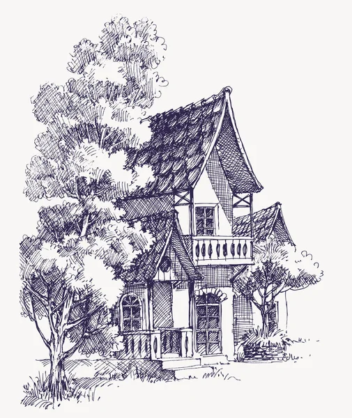 Casa Madera Cabaña Cabaña Árboles Roble Dibujo Mano — Archivo Imágenes Vectoriales