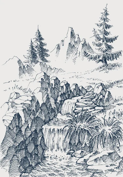 Disegno Mano Fiume Montagna Flusso Acqua Rocce Paesaggio Naturale Schizzo — Vettoriale Stock