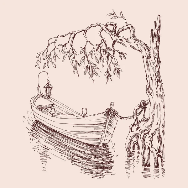 湖上的一条空船停泊在岸边的柳树上 — 图库矢量图片