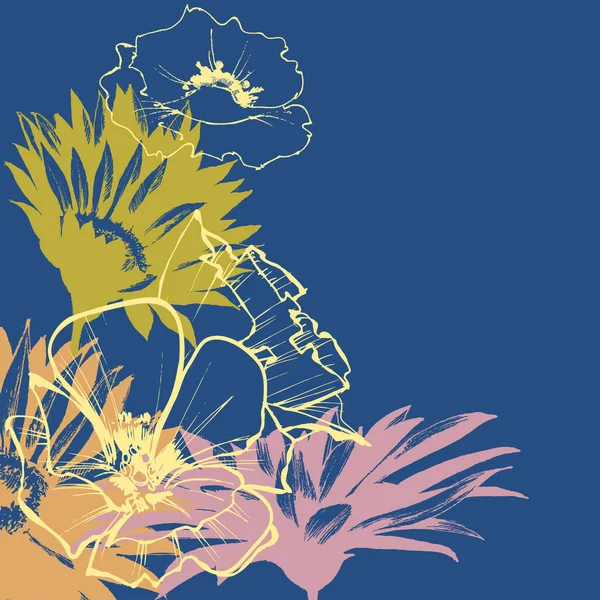 Floral Ornament Hoek Ontwerp Afrikaanse Madeliefje Rozen Papaver Contouren Boeket — Stockvector