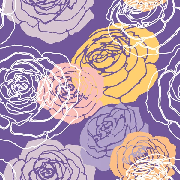 Розы Цветочный Бесшовный Узор Фиолетовом Фоне Стиле Ретро — стоковый вектор