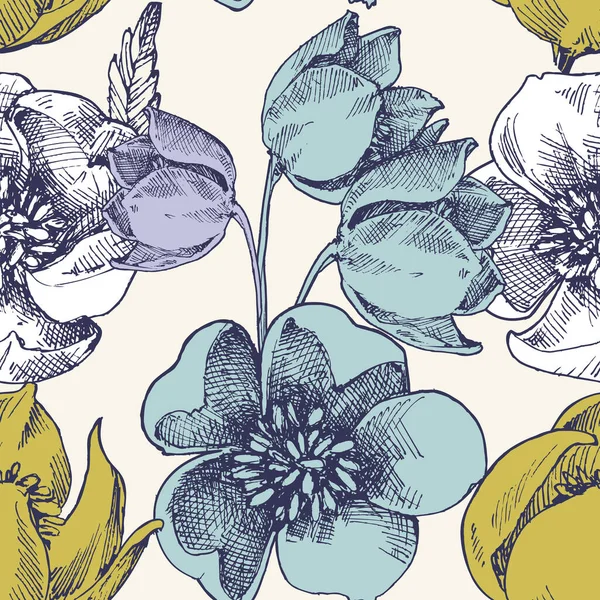 Vintage Flowers Seamless Pattern Helleborus Tulips — Image vectorielle