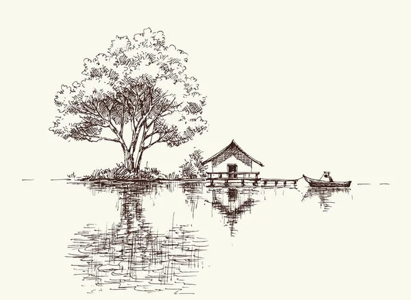 Дерево Дом Лодка Берегу Озера Речной Берег Художественный Ручной Рисунок — стоковый вектор
