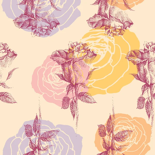 Engraved Vintage Style Pink Roses Seamless Pattern — Archivo Imágenes Vectoriales