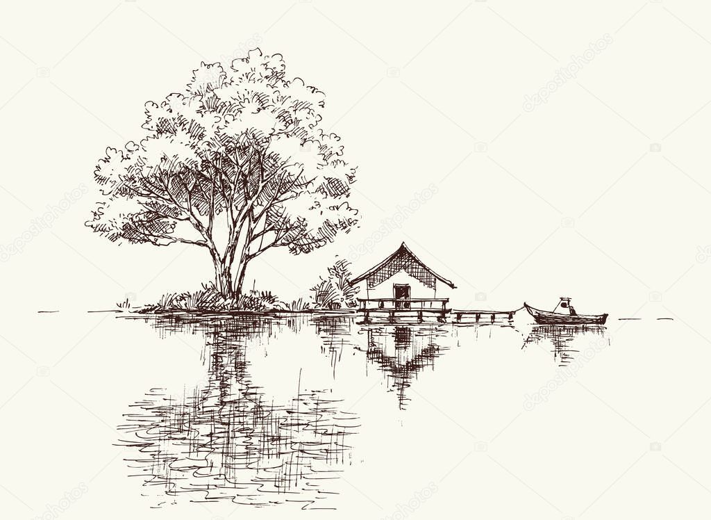 Tree, house and boat on lake shore, or river bank artistic hand drawing, water reflections