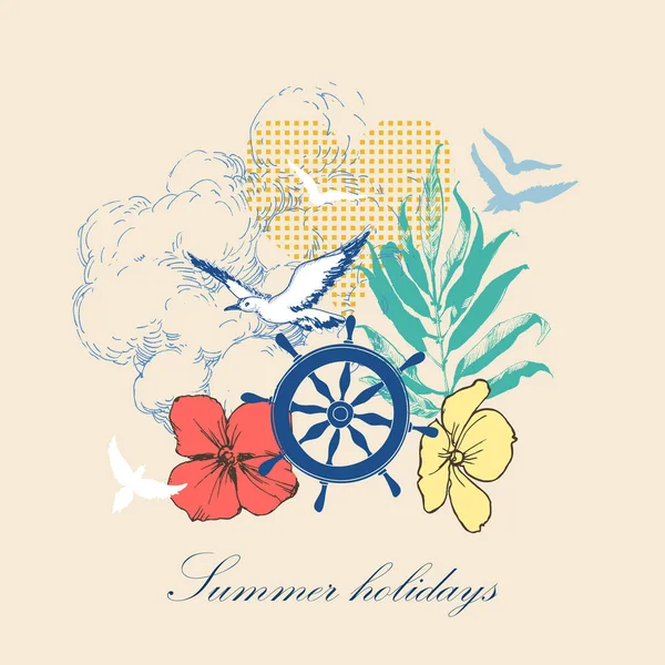 Summer Holidays Seasonal Card Composition Using Marine Elements — Vettoriale Stock