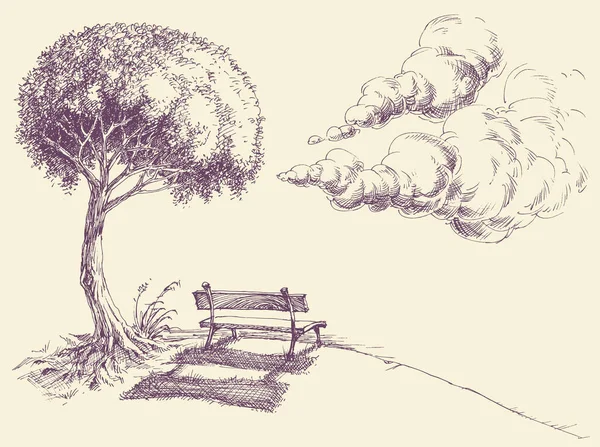 Park Bench Tree Sketch Summer Clouds Background — 图库矢量图片