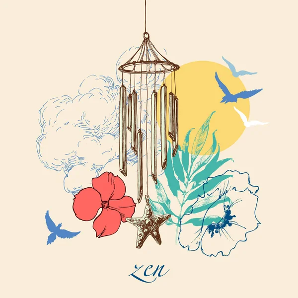 Wind Chimes Sky Background Zen Poster Wellbeing Relaxation — Stockvector