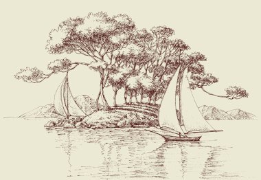 Bir ada işçisinin yanında yelken açan tekneler