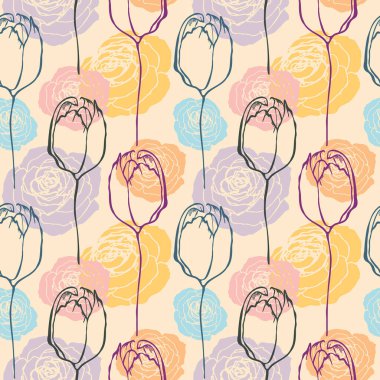 Retro çiçekli, dikişsiz desen. Pastel güller ve laleler dizayn edildi