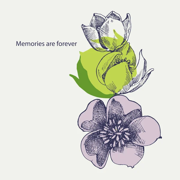 花を手描きで咲かせます 花飾りグリーティングカード — ストックベクタ