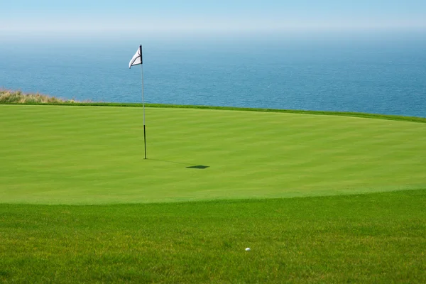 Pelota de golf en un campo verde y agujero — Foto de Stock