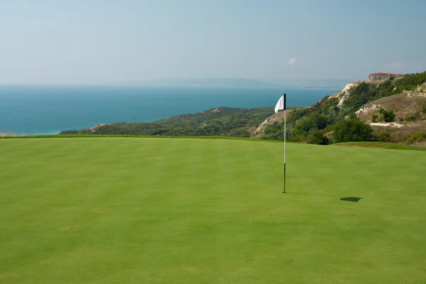 Bola de golfe em um campo verde e buraco — Fotografia de Stock