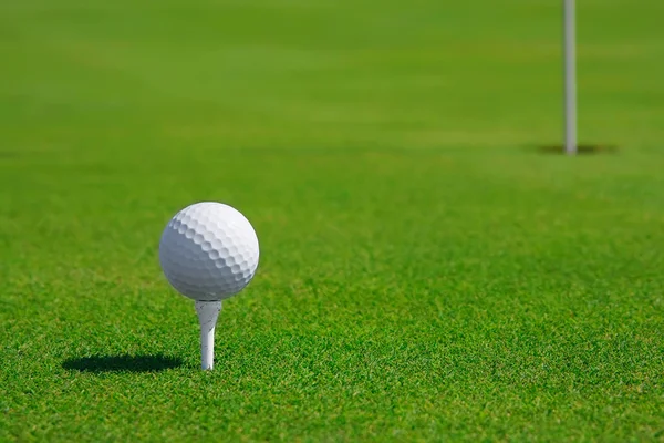 Bola de golfe num campo e buraco. Verde de golfe . — Fotografia de Stock