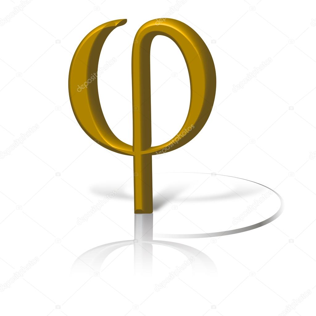 Phi symbol in gold, graphic of golden section symbol phi.