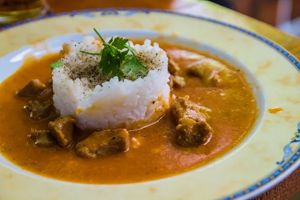 Pork meat with sauce and rice — Stock Photo, Image