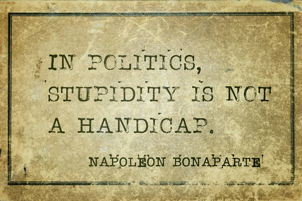In politics, stupidity is not a handicap - ancient French military and political leader Napoleon Bonaparte quote printed on vintage cardboard
