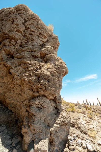 Oude Verweerde Vulkanische Rots Van Incahuasi Island Bij Uyuni Salt — Stockfoto