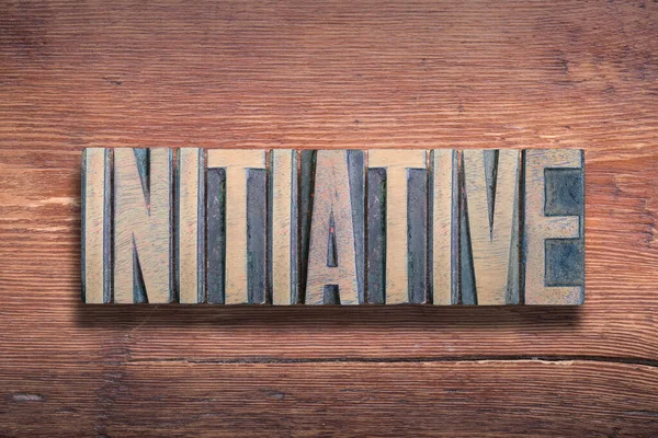 Initiative Word Combined Vintage Varnished Wooden Surface — Stock Photo, Image