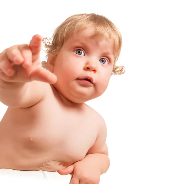 Little baby pointing by finger — Stock Photo, Image