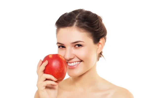 Beautiful brunette with the red apple — Stock Photo, Image