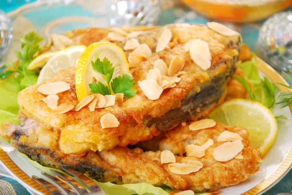 Fried carp with almonds for christmas — Stock Photo, Image